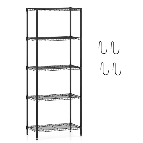COSTWAY 3/4/5/6-Tier Metal Shelving Unit, Adjustable Wire Storage Shelves with V-shaped Shelving Rack & 4 Hooks, Narrow Utility Storage Shelf for Home Kitchen Garage (59 x 34 x 152cm, 5)