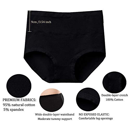 Anktry Women's Soft Cotton Briefs Underwear Breathable Solid Color High Waist Full Coverage Ladies Panties Multipack (L, 5Black) #TOP1
