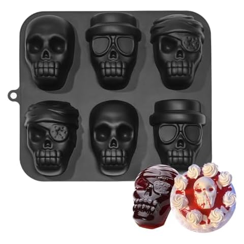 3D Skull Mold Silicone, Large Pirate Skull Cake Pan, Funny Skeleton Molds For Chocolate, Cakelet, Baking, Candy and Resin (Large Cakelet Mold- 6 Cavity Pirate) Cover