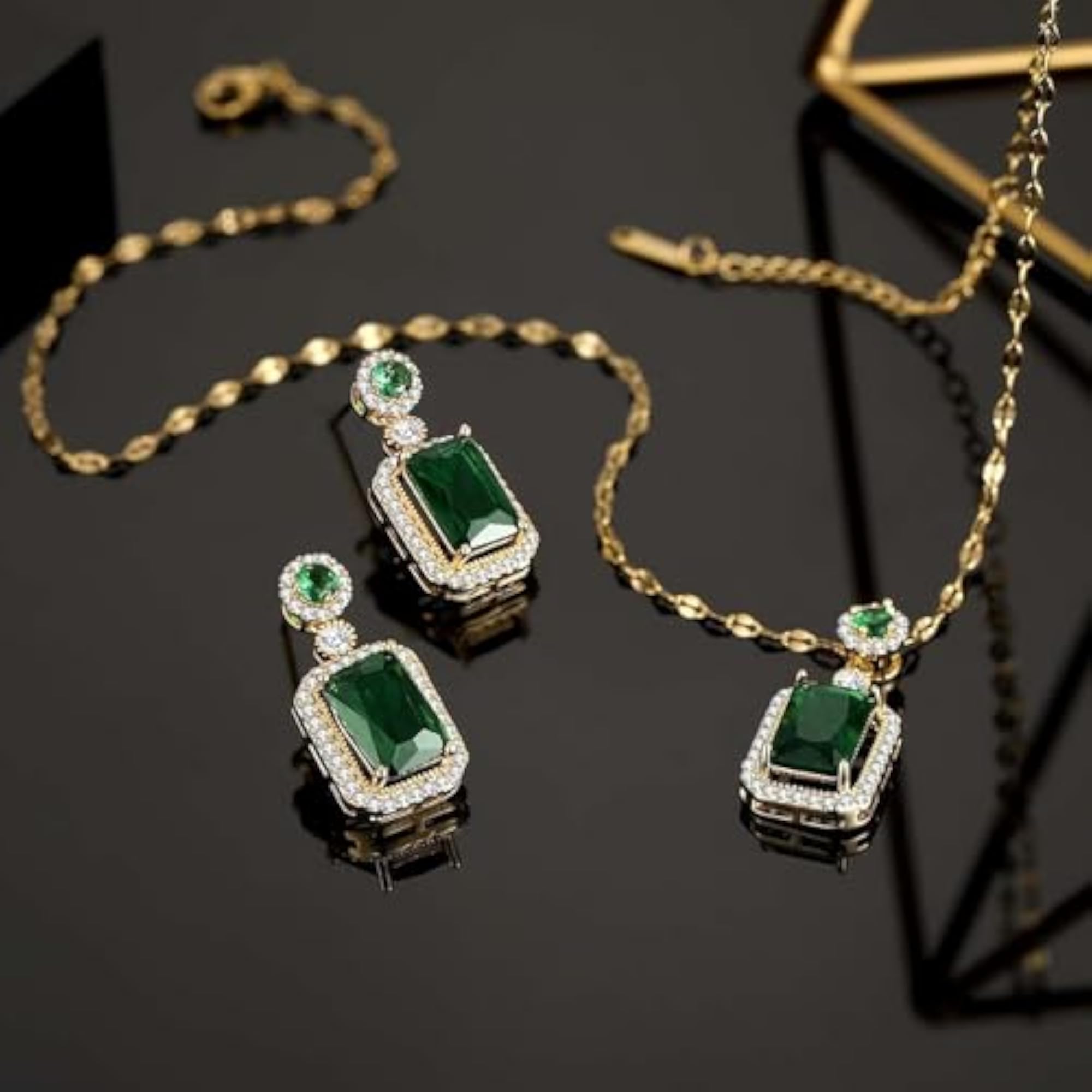 Gold Plated Cubic Zirconia Studded Pendant Chain Drop Earrings & Ring Set