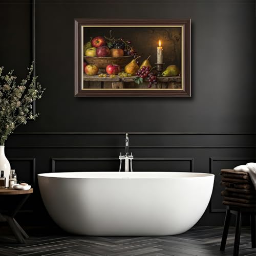 Image of Antique Framed Fruit Still Life Canvas Art, Candlelit Rustic Farmhouse Oil Painting Canvas Prints, Vintage Kitchen Wall Decor Pictures for Living Room Bedroom Home