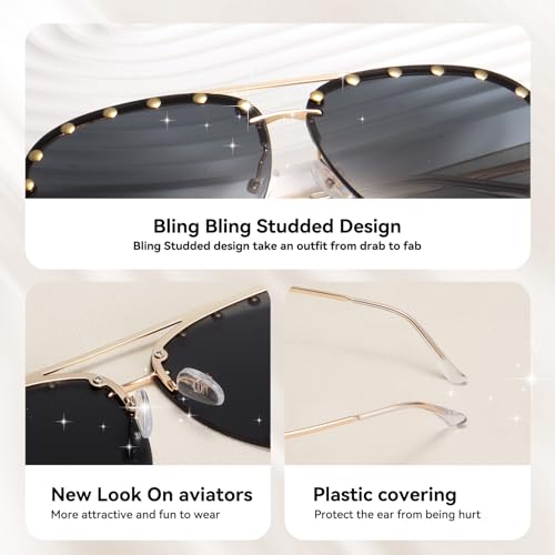 Dollger Studded Sunglasses for Women Fashion Studded Aviator Sunglasses Metal Frame UV 4004