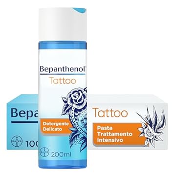 Bepanthenol Tattoo Care Kit - Crema Tatuaggi Corpo con Pantenolo e Gel Detergente Delicato - Idrata, Protegge e Ravviva i Colori - Preserva la Bellezza del Tatuaggio