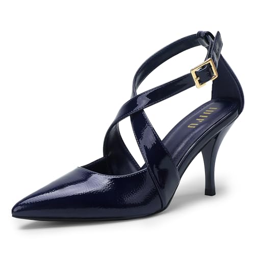 IDIFU IN3 Closed Toe Heels Pointed Toe Pumps Low Kitten Stiletto Crossed Ankle Strap Dress Shoes for Women Comfortable Wedding Bride Party Office Dressy Trendy Fashion Sexy Pumps Shoes(Navy Pat, 5)