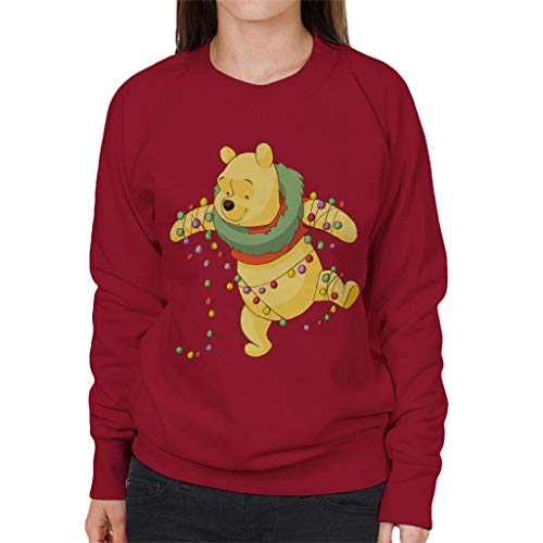 Image of Disney Christmas Winnie The Pooh Tangled in Festive Lights Women's Sweatshirt Cherry Red