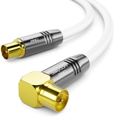 deleyCON 5m 4K TV Antennenkabel Koaxialkabel 90° IEC - Weiß | 4K Ultra-HD Full HD HDTV, 1x gewinkelt, IEC-Stecker gerade zu IEC-Buchse 90°, Metallstecker