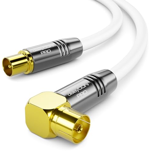 deleyCON 1m Cable Antena TV 4K - 4K Ultra-HD Full HD HDTV - 1x Acodado - Cable Coaxial - Conector IEC (Recto) a Toma IEC (90° Grados) - Conector Metálico - Blanco