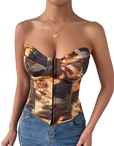 Moessa Women See Through Mesh Lace Up Bustier Corset Metal Chain Boned Overbust Waist Cincher Wide Belt C7105-Brown-S #TOP26