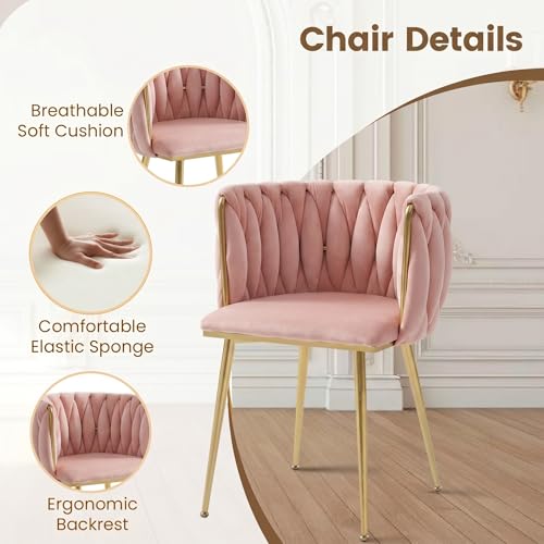 Image of Golden Glass Dining Table Set for 4 with 47.2 inch Rectangular Tempered Glass, 5 Pieces Kitchen Table Set with 4 Comfortable Velvet Chairs for Living Room, Apartments Small Place, Cafe (Pink Chairs)