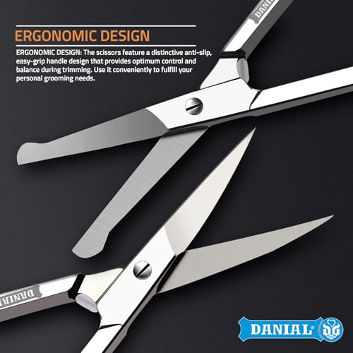 Image of DANIAL Eyebrow Scissors, Small Scissors for Men and Women - Curved and Rounded Nose Hair Scissors for Grooming Mustache, Beard, Eyelashes, Ear Hair Trimming- Professional Stainless Steel - Silver