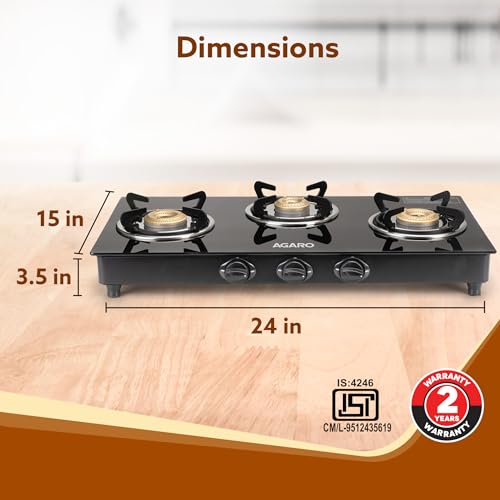 Image of AGARO Elite 3 Burners Gas Stove, Toughened GlassTop, Round Brass Burners, 1 Small, 1 Medium & 1 Big Size Burner, Spill Proof Fixed Drip Tray, Manual Ignition, Kitchen Use, Regular Cooking Use, Black