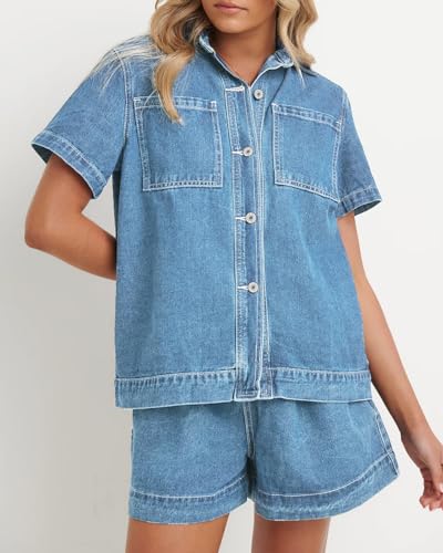 Image of Kedera Summer Denim Set for Women 2 piece Casual Short Sleeve Boxy Shirt Tops and Shorts Pants Lounge Sets Outfits