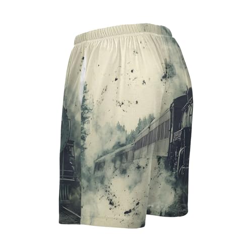 Mens Sleep Shorts Vintage Train Painting, Elastic Pajama Pants Sleepwear with Pockets S3