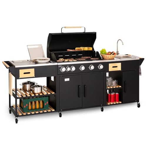 Gas BBQ Grill with Sink & Worktables – 5+1 Burner Outdoor Kitchen for Family Gatherings, Garden Parties & Catering – Durable Cast Iron Cooking Grid, 20.7kW Power