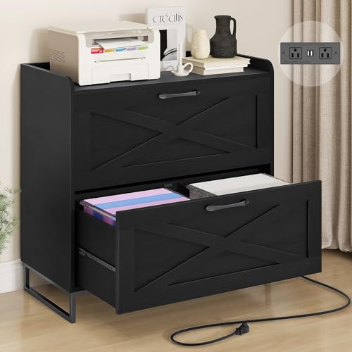 Halitaa Lateral File Cabinet with Charging Station, 2 Drawer File Cabinet for Letter/Legal/A4 Size...