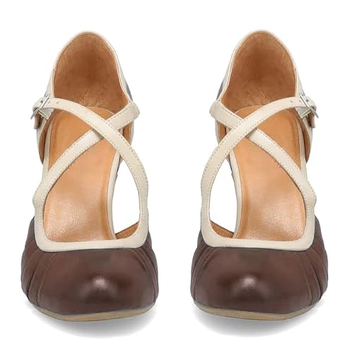 SHODENSE Women Round Toe Chunky High Heel Pumps Cross Strap Closed Toe Sandals Heels Two Toned 3” Chunky Block Heels Pump Shoes Cut Out Buckle Thick Heels Patchwork Vintage Retro 4-11 M US3