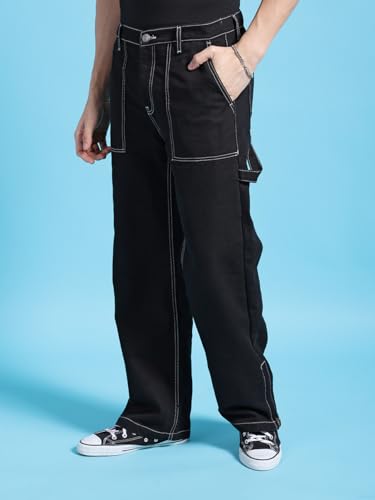 Image of The Indian Garage Co Men Baggy Solid Mid-Rise Stretchable Jeans Black