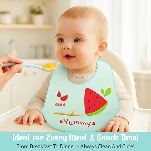 Image of GLUN Pack of 2 Soft Feeding Bibs with Bowl, Cute Watermelon Print for Growing Champs, Easily Wipes Clean, Comfortable Soft Baby Bibs, Less Time Cleaning after Meals for Babies