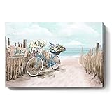 Large Wall Art for Living Room Décor Beach Picture Wall Art Modern Framed Sea Seaside Bicycle Canvas Print Seascape Artwork Ocean Painting for Home Bedroom Teal Aqua Turquoise 36x24inch