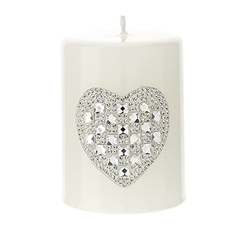 Hervit Candela Laccata con Cuore in Strass - Moccolo con Simbolo Amore e Purezza per Cerimonie Matrimonio Segnaposto Bomboniera Nascita Battesimo Comunione Ø6x8cm (Bianca)