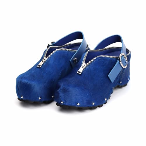 Image of XOBZJH Women's Natural Cow Print Fur Platform Clogs with Decorative Zipper & Adjustable Buckle Strap - Western Slip-On Punk Rivet Mules with Arch Support, Chunky Retro Rustic Style
