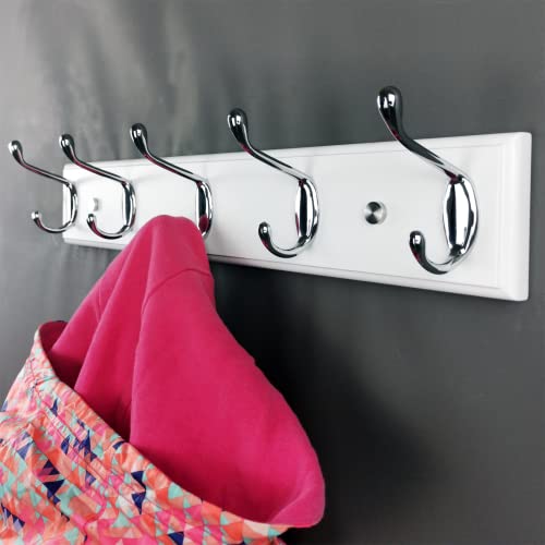 Lomejii 5 Silver Hooks Wood Coat Rack Wall Mount, 17.3’’, Heavy Duty Hooks For Hanging Clothes,Hat,Backpack Etc, Great Modern Wall Decoration For Entryway Hallway Mudroom Farmhouse,White #TOP4