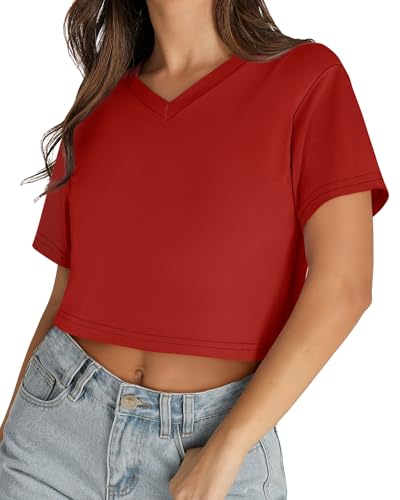 Image of Womens Crop Tops Short Sleeve V Neck Summer Cropped T Shirts Baisc Tees