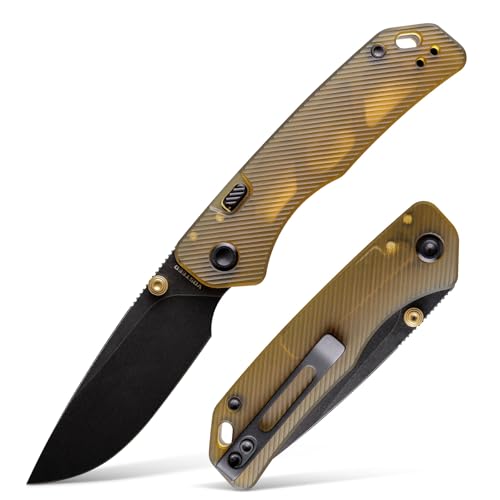 Image of Vosteed Marten EDC Folding Pocket Knife - 2.98 inch 154CM Blade - Top Liner Lock, Amber PEI Handle with Belt Clip - Camping, Hiking Knives - A1607