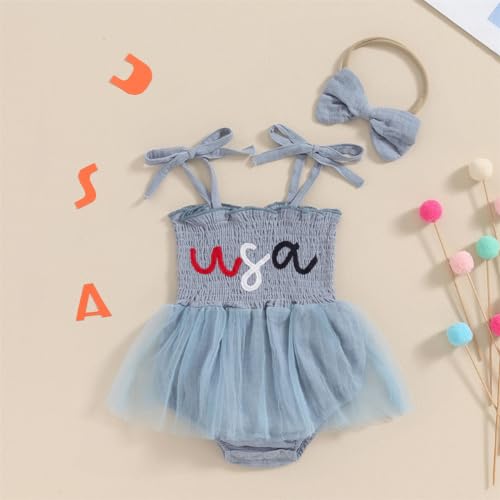YINGISFITM 4th of July Baby Girl Outfits USA Bubble Romper Smocked Stars Dress Patriotic Onesie Infant Cute Summer Clothes (USA Blue,0-3 Months)