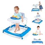 BABY JOY Baby Walker, 4 in 1 Foldable Activity Walker with Adjustable Height, Music, Lights, Anti-Rollover Toddler Push Walker, Baby Walker with Wheels for Boys Girls 7-14 Months (Blue)