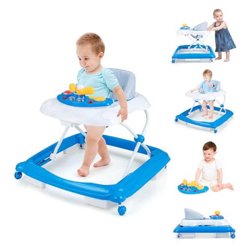 Image of BABY JOY Baby Walker, 4 in 1 Foldable Activity Walker with Adjustable Height, Music, Lights, Anti-Rollover Toddler Push Walker, Baby Walker with Wheels for Boys Girls 7-14 Months (Blue)