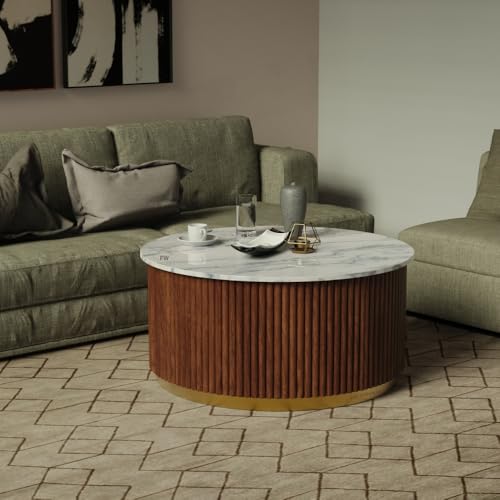 Image of Wooden Coffee Table for Living Room | Modern Round Center Table with Marble Top Fluted Wooden Base and Metal Accent Ring | Premium Marble Top Coffee Table for Home Decor (Teak)
