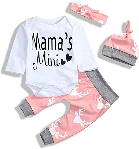 Juflam Neugeborenes Säugling Baby Mädchen Kleidung Mama Sprüche Mama's Mini Strampler Top Hose Outfit Set mit Stirnband Gr. 92, Weiß/Rosa Cover