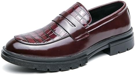 Mens Leather Printed Chunky Platform Penny Loafers Luxury Round Toe Slip-On Lug Sole Office Business Dress Shoes Daily Non-Slip Low Block Heel Casual Shoes