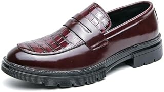 Men's Leather Printed Chunky Platform Penny Loafers Luxury Round Toe Slip-On Lug Sole Office
