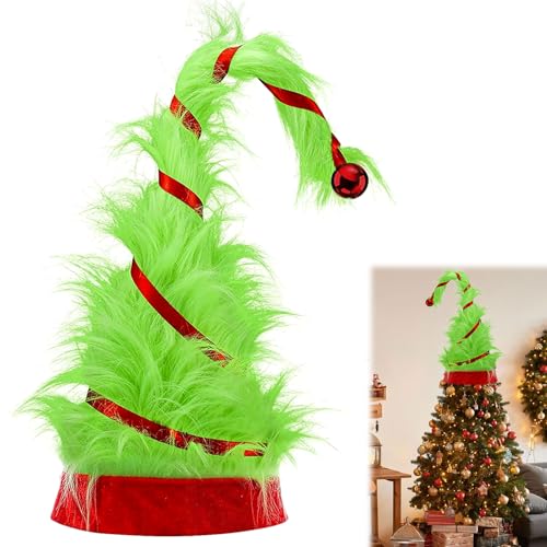 26.7x10.6 Inch Christmas Tree Topper Decoration,Green Elf Christmas Tree Topper-Funny Plush Hat Tree Toppers Decoration with Red Ribbon and Ball Ornaments for Holiday Christmas Tree Party Supplies