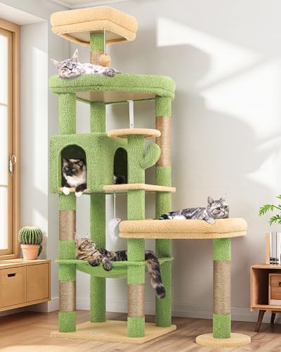 Image of Globlazer Extra Large Platform Cactus Cat Tree, 65in Sturdy Cat Tree for Multiple Indoor Cats Large Adult, Big Cat Tower with 3 Padded Perches, 6 Scratching Posts, Spacious Condo, Hammock, S65, Green