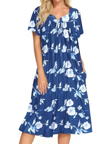 Image of Bloggerlove Mumu House Dress for Women with Pockets Short Sleeve Nightgowns | 15% Cotton, 80% Polyester, 5% Spandex, Floral Mumu House Dress, V-Neck, Short Sleeves, Midi Length, 2 Side Pockets, Lounging