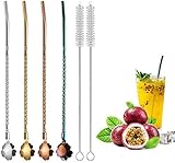  4PCS Wiederverwendbare Strohhalme mit Löffel, Edelstahl Strohhalm mit 2 langen Reinigungsbürsten, Trinklöffel für Rührstab Milchtee-Strohhalme, Milchshake, Smoothies