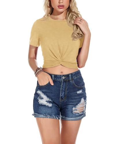 JINKESI Women's Summer Short Sleeve Blouse Casual Round Neck Crop Tops Twist Front Tee T-Shirt Mixed Yellow-L — view 2