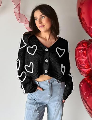 Image of Yimoon Women's Valentines Heart Cardigan Sweater Cute Cropped Knit Sweater Oversized Button Down Cardigan Top