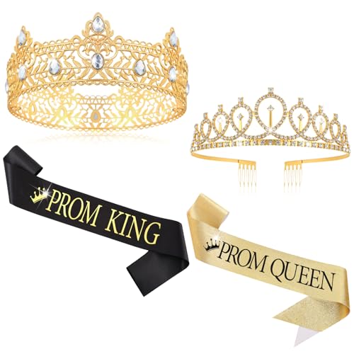Lyrow 4 Pcs Prom King and Queen Crown Set Prom King Crown with Sash for Graduation Queen Tiara with Sash for Grad Couple Accessories Homecoming Birthday Party(Fashion Black Gold)