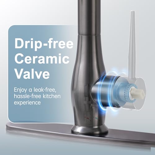 Image of GIMILI Black Stainless Kitchen Faucet with LED Single Handle Kitchen Sink Faucet with Pull Down Sprayer Commercial Double-Headed Stainless Steel Kitchen Faucets Sink with Deck Plate