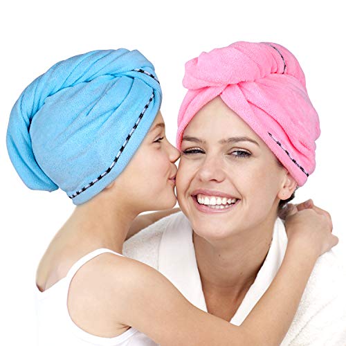 Microfiber Hair Towel Wrap 2 Pack -Hair Turban Head Wrap with Button, Quick Dry -Super Absorbent for Long & Curly Hair, Anti-Frizz -Bath Artifact for Women Girls Mom Daughter