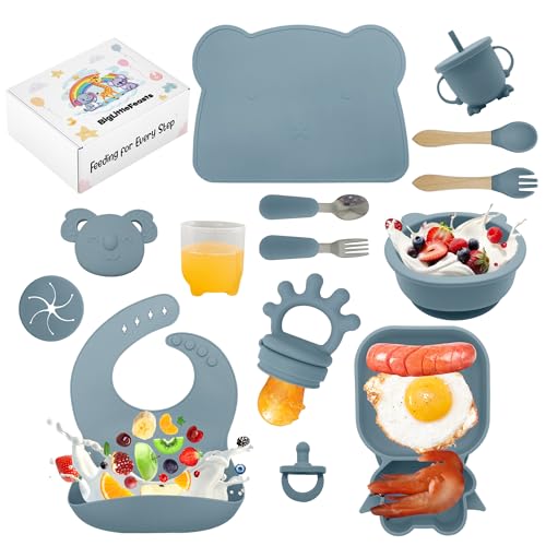 Image of BigLittleFeasts Silicone Baby Feeding Set - 14pcs, Blue, Modern Style, Baby Plate, Suction Plates for Baby & Toddlers
