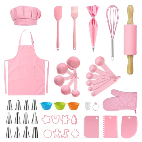 47pcs Kids Cooking Baking Set , Kids Chef Role Play Costume Set for Real Cooking , Chef Hat and Apron Cake Biscuit Tools, Birthday for 4 5 6 7 8 9 10 Year Old ,Toddler Dress Up and Pretend Play