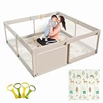 Mloong Baby Playpen with Mat, 59x59 Inches Extra Large Playpen for Babies and Toddlers, Indoor & Outdoor Activity Center, Safety Baby Fence with Gate