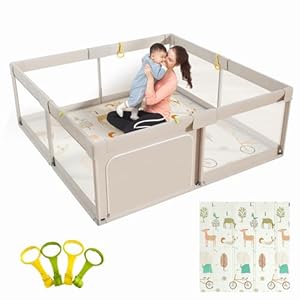 Mloong Baby Playpen with Mat, 59×59 Inches Extra Large Playpen for Babies and Toddlers, Indoor & Outdoor Activity Center, Safety Baby Fence with Gate