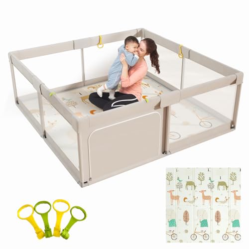 Mloong Baby Playpen with Mat, 59×59 Inches Extra Large Playpen for Babies and Toddlers, Indoor & Outdoor Activity Center, Safety Baby Fence