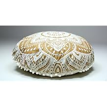 Craft Kala Large Round Bohemian Floor Pillow Cover Boho Pouf Cover Mandala Meditation Room Pillows Cover Adults Seating Poufs Cushion Cover for Kids Reading Playroom White Gold Flower 32 Inch